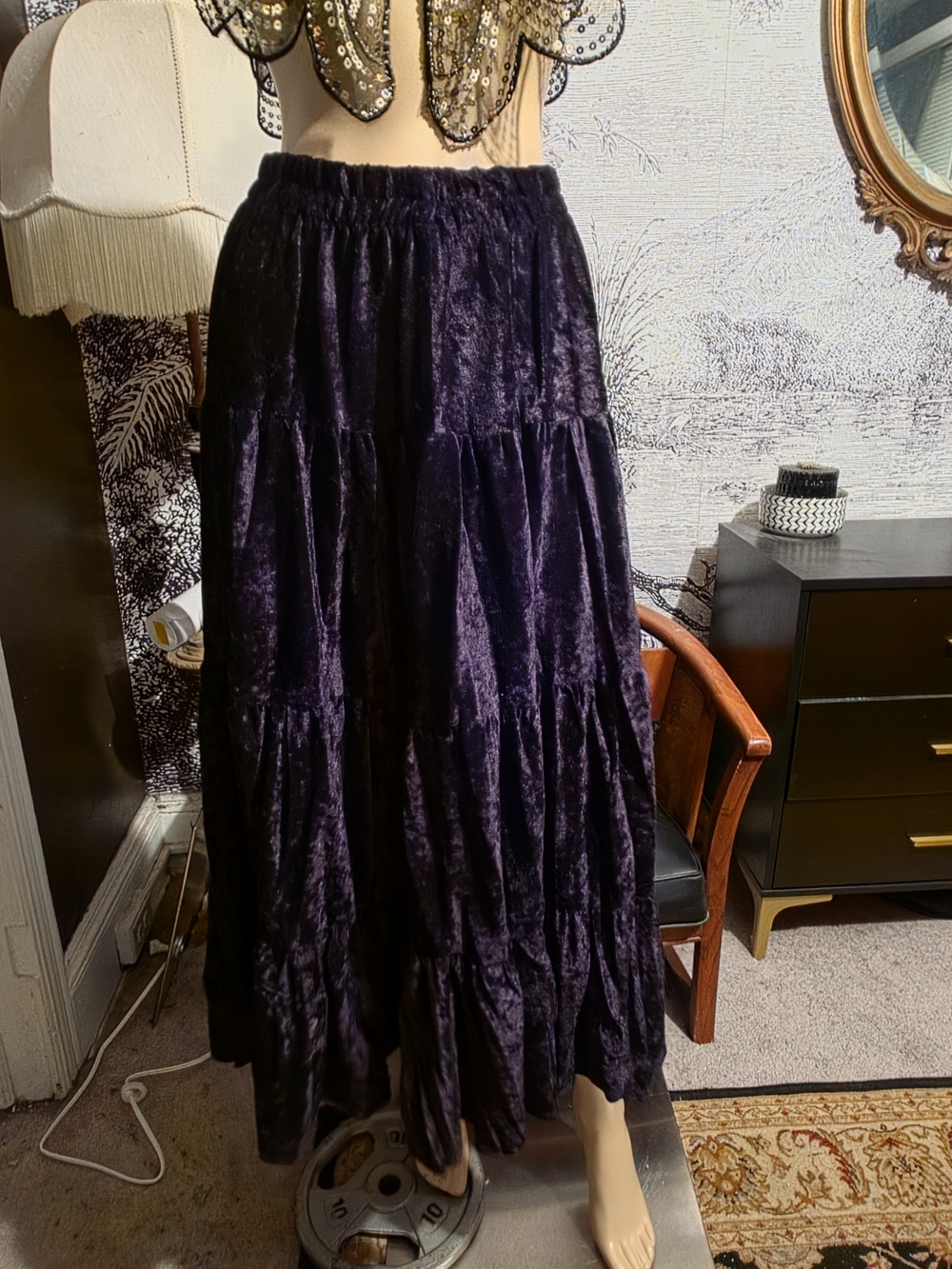 Vintage Mercedes Black Crushed Velvet Tiered Maxi Skirt Size M Whimsigoth Boho